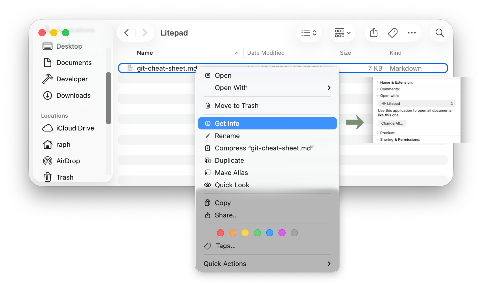 Finder context menu showing Get Info, with the Open With panel set to Litepad and Change All button